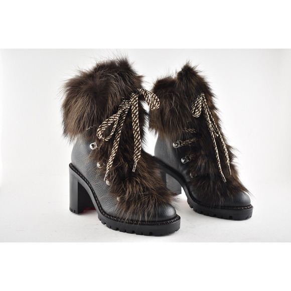 Christian Louboutin Fanny 70 Black Brown Fur Leather Tie Heel Combat Boot 34 - Picture 4 of 12